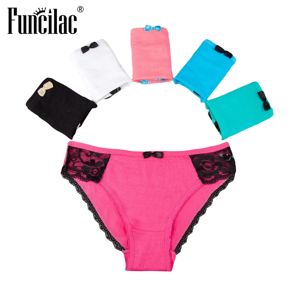 

FUNCILAC Woman Sexy Underwear Cotton Lace Female Girls Panties Briefs Knickers Intimates Lingerie Solid Simple 4pcs/lot M L XL