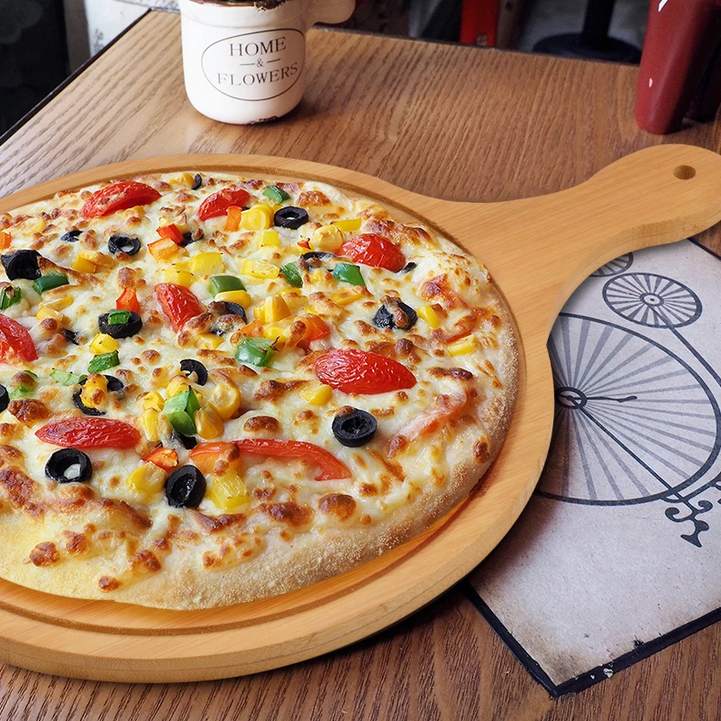 1Pc Bamboo Pizza Serving Tray Round Pizza Cutting Board with Handle Bread Fruits Platter Steak Sushi Tray Kitchen Baking Tools