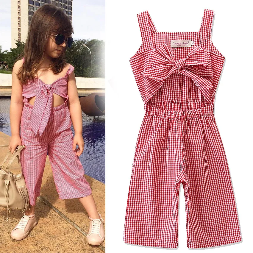 

2019 Summer Children's dress New Girls' Red jumpsuit plaid Butterfly knotted Ribbon trousers