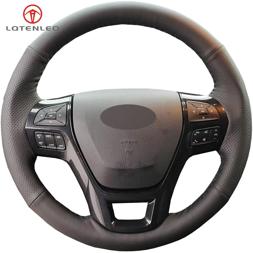 LQTENLEO Black Genuine Leather DIY Hand stitched Car Steering Wheel