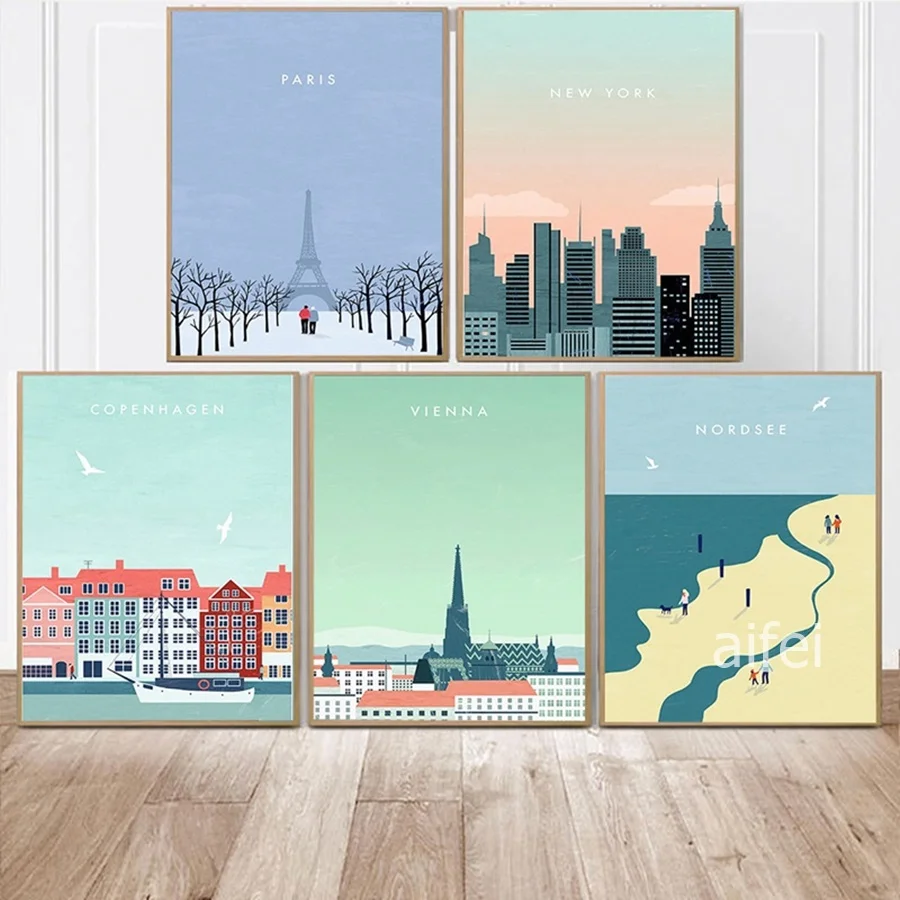 

Nordic Cartoon Travel Posters and Prints Paris New York Landscape Canvas Painting Home Decoration Bedroom Wall Art Pictures