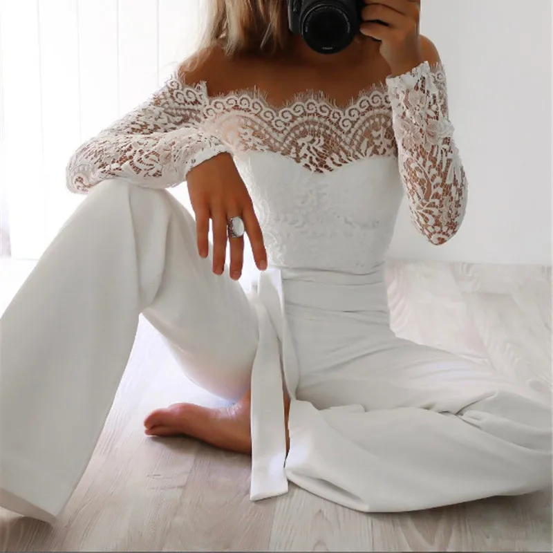 

Women Lace Jumpsuit 2019 Spring Summer New Off Shoulder Jumpsuit Sexy Long Sleeves Bodysuit White Wide-leg Strapless Playsuit