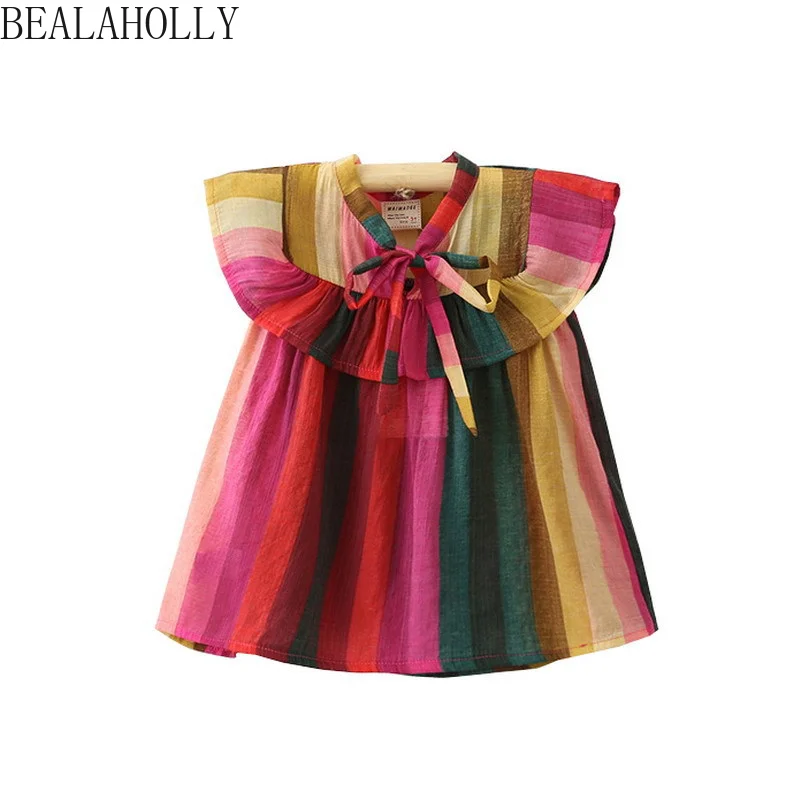 Летняя хлопковая рубашка, Удобная тонкая рубашка в радужную полоску для маленьких девочек, цветная Свободная блузка
