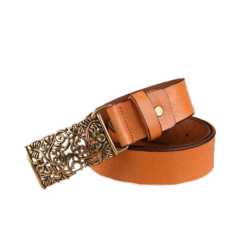 Fasbys Fashion Cow Genuine Leather Belt Girl Vintage Floral Metal Buckle Wide Belts for Women ...