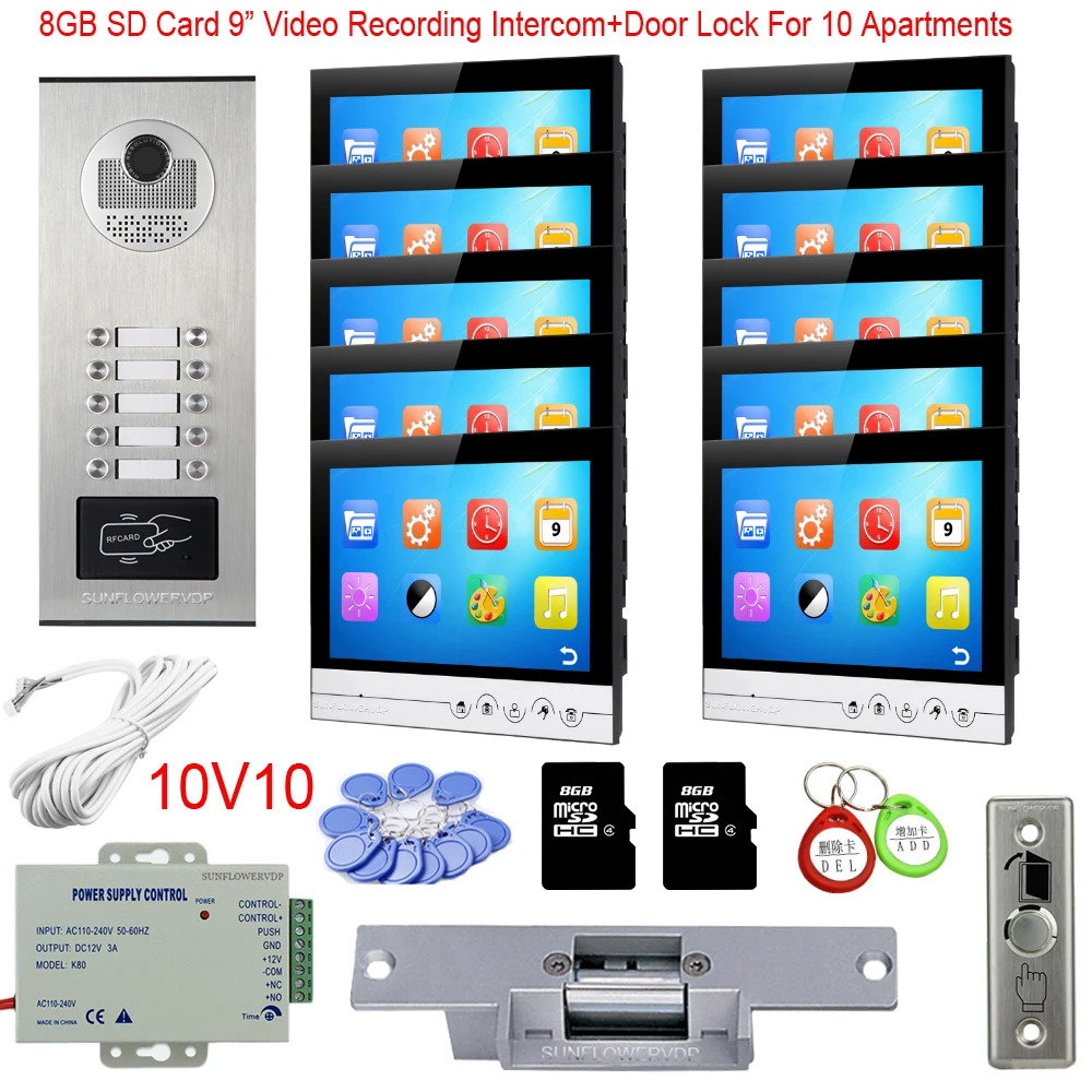 Rfid Camera 8/10/12 Call Buttons Interphone With Camera 8GB Video Recording 9\ Color Monitor Video Intercom With Electric Lock Rfid Camera 8/10/12 Call Buttons Interphone With Camera 8GB Video Recording 9\ Color Monitor Video Intercom With Electric Lock