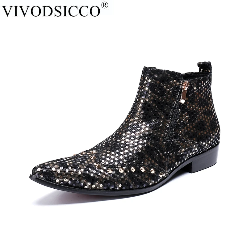 VIVODSICCO модные роскошные Мужские ботинки Ботильоны из натуральной кожи Для мужчин итальянский Обувь в деловом стиле острый носок заклепками