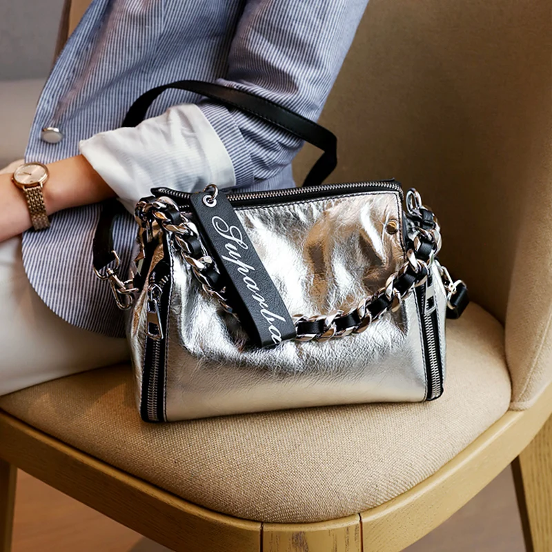 

2018 Summer Women Silver Messenger Bag Genuine Leather Handbags Lady Brand Fashion Casual Shoulder Crossbody Bag Sac A Main Tote