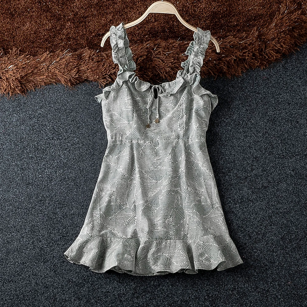 

Fashion Ruffle Strap Mini Geometric Dress 2019 New Sleeveless Slim Sexy Dress Women Good Quality Stylish Printed Womens Dresses