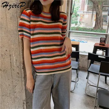 

HziriP Sweet Elegant 2019 Summer Patchwork Hit-Color Fashion Thin Loose Rainbow Pullover Female Casual Stylish Knitted Sweaters
