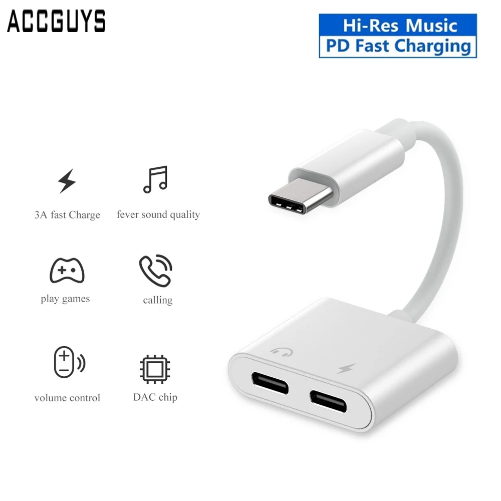 

ACCGUYS Dual Type C Jack Aux Audio Cable Adapter USB C PD Fast Charging Converter For iPad Pro Huawei P20 Google Pixel 2XL