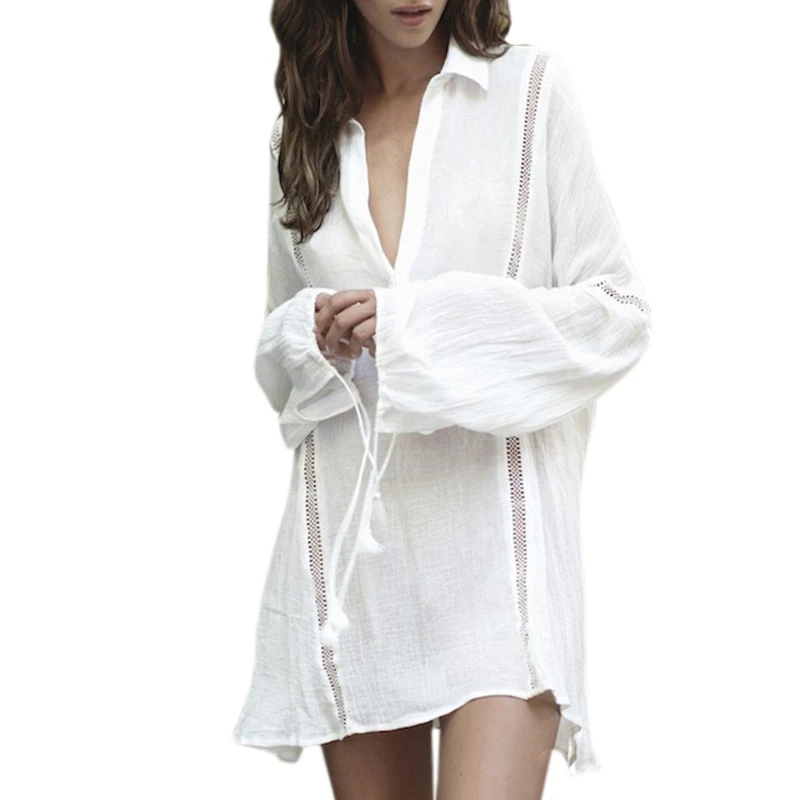 

Women Bikini Cover Up Hollow Crochet Swimsuit Beach Dress Tunic Long Shirt Solid