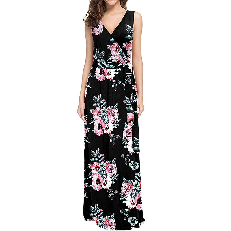 

Hot Sale Womens Maxi Dresses Elegant Casual V-Neck Summer Beach Floral Dress Sexy Party Boho Slim Fit Formal Sleeveless Dresses