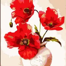 Последние Ваза красные цветы сцены традиционное украшение дома DIY живопись по номерам цветочный без рамы маслом на холсте 16x20in