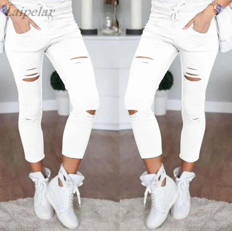 

New 2018 Skinny Jeans Women Denim Pants Holes Destroyed Knee Pencil Pants Casual Trousers Black White Stretch Ripped Jeans