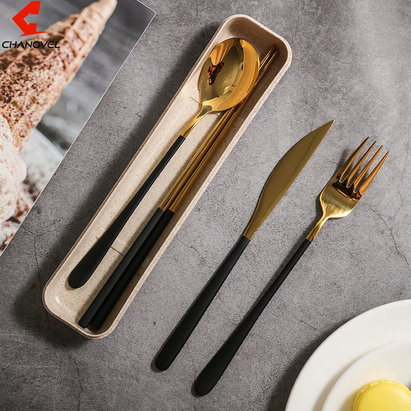 

CHANOVEL 4Pcs/set Dinnerware Set 304 Stainless Steel Black Cutlery Set Knife Fork Set Tableware Gold Chopsticks Drop Shipping