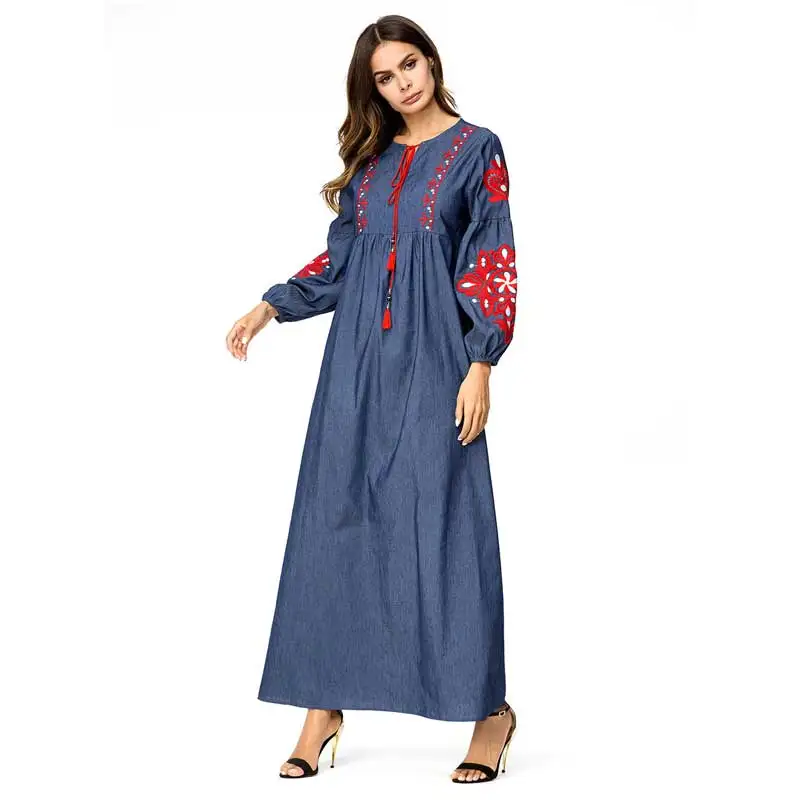 2019 мусульманская винтажная вышивка Макси платье abaya кимоно свободные Рамадан