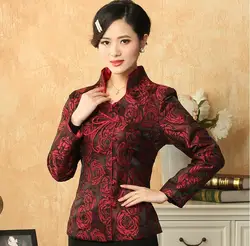 Горячее предложение красный Для женщин шелковый атлас куртка китайский Стиль Тан костюм с длинным рукавом Тонкий костюм цветочный пальто