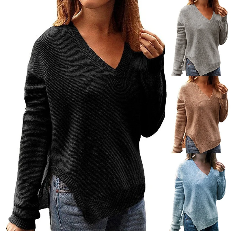 Women Long Sleeve Knitted Sweater Lady V Neck Casual Blouse Tops Pullover Jumper