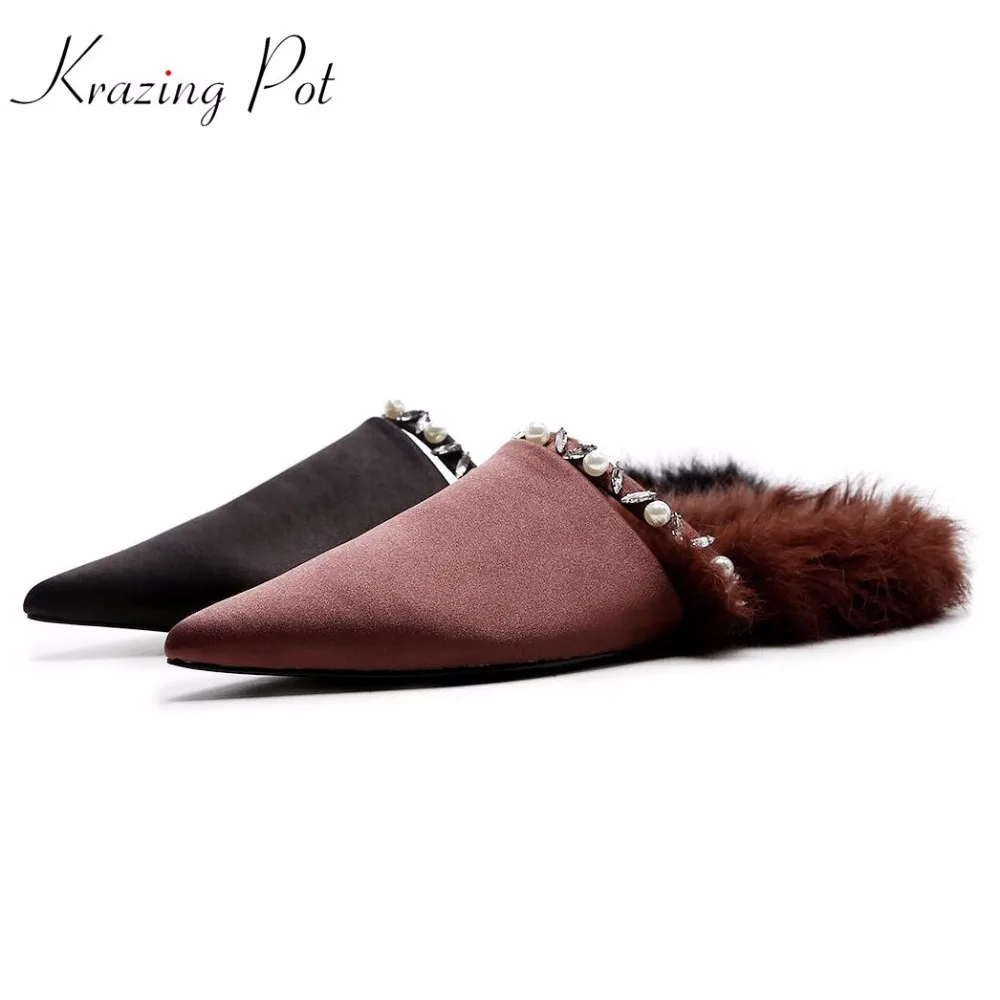 

Krazing pot high street brand shoes crystal pearl flat with silk wool superstar pointed toe causal Spring outside slippers L53