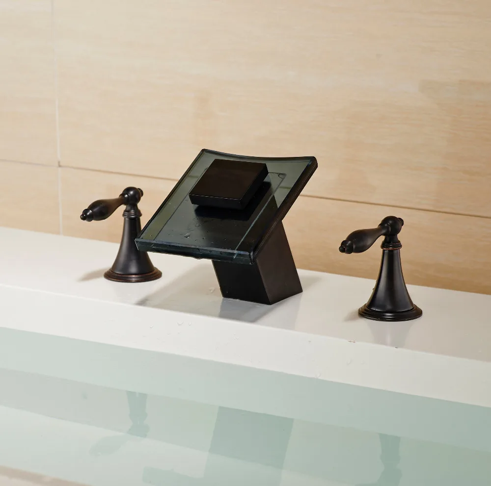 Oil Rubbed Bronze Dual Handles Waterfall Bathroom Basin Faucet 3 Holes