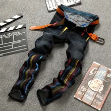 2017 Tide brand off white winter new men ‘s wear striped Rose embroidery Denim pants men jeans jogger pants high quality