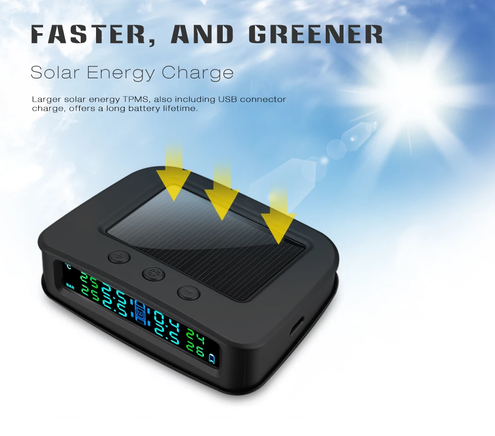 Rectangle Solar Powered TPMS Car Tire Pressure Monitor System 4 External Sensors Temperature Real Time Digital Display Alarm