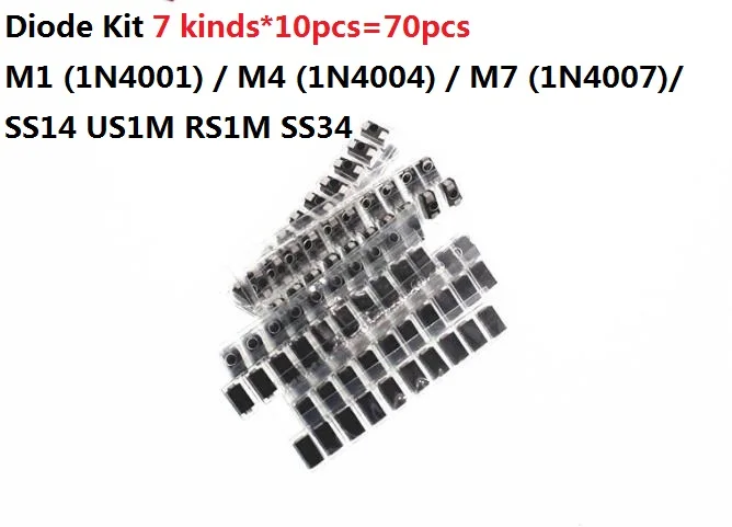 

7 kinds*10pcs=70pcs/lot SMD diode package / M1 (1N4001) / M4 (1N4004) / M7 (1N4007)/ SS14 US1M RS1M SS34 KIT