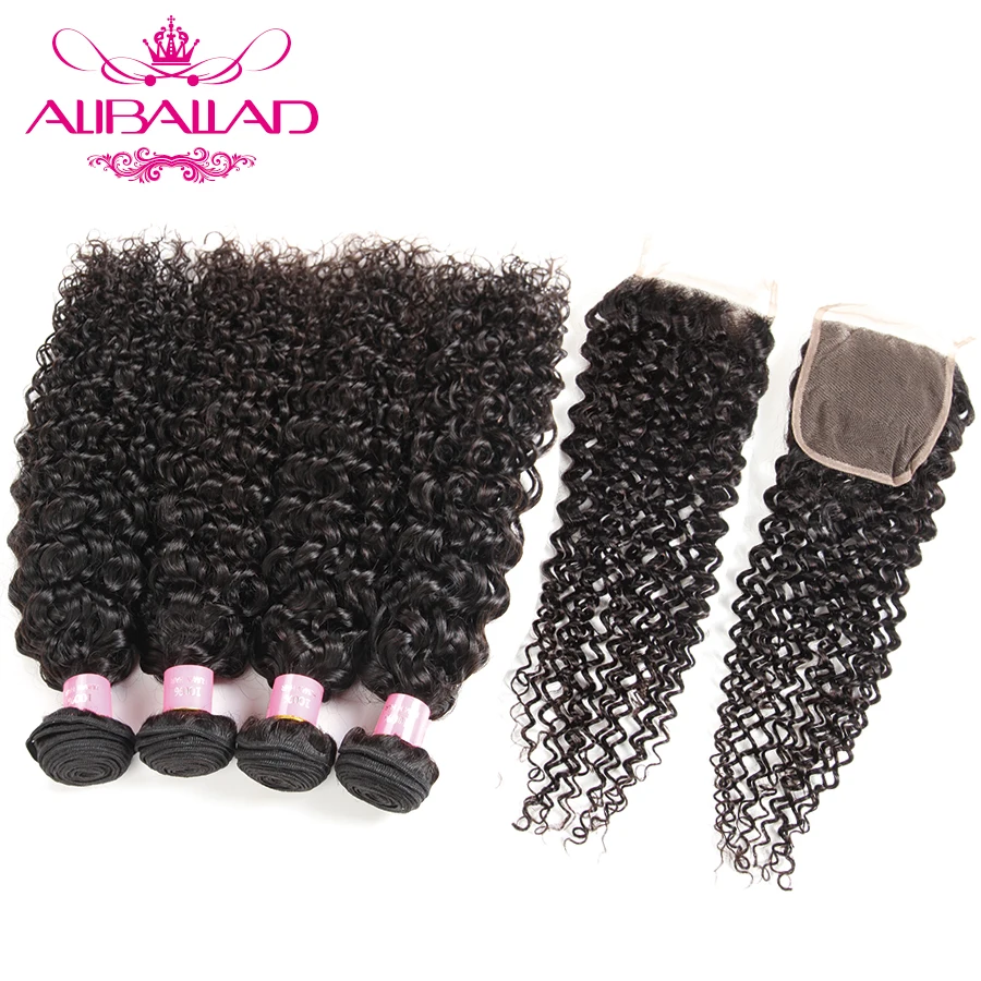 Malaysian Kinky Curly Hair 4 Bundles With Closure 4x4 Inch Remy Human Hair Extensions Bundles With Closure Aliballad
