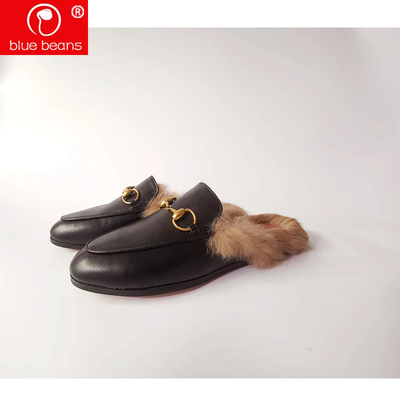 

rabbit fur slippers Lady Flat bottom slippers woman hair Slacker shoes real leather 2018 Winter real hair mules girl