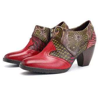 

Genuine Leather Handmade Snake Pattern Women's Thick Heel Shoes 2019 Brand Emboridery Spring Women Pumps Lazy Shoes