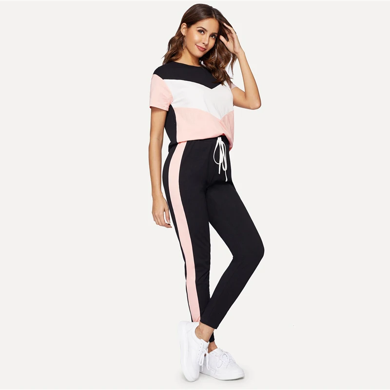 SweatyRocks шеврон тройник и контрастный Sideseam Леггинсы Набор для женщин 2019 летний цветной блок Комплект из двух предметов одежда для активного