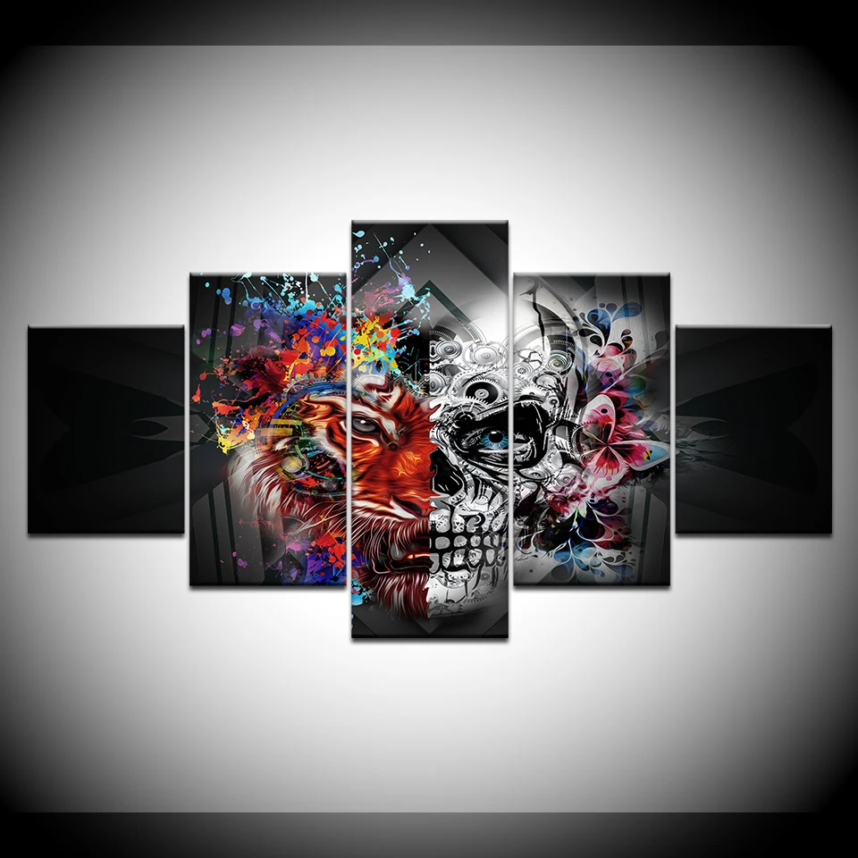 

Frame HD Printing Decor Room 5 Pieces Animals Abstract Tiger Skull Painting Wall Art Modular Canvas Poster Modern Pictures