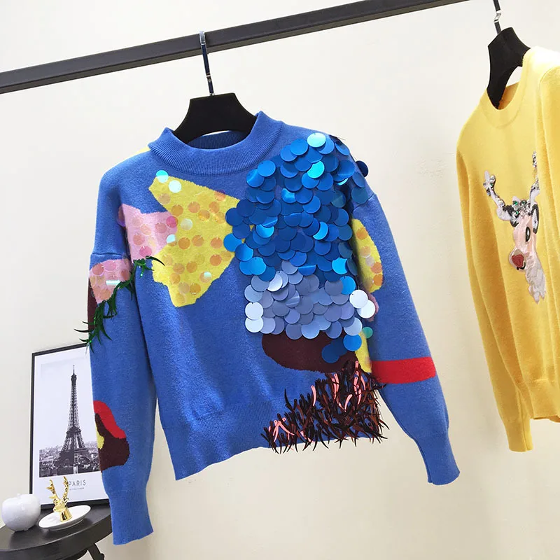 Brand 2022 Spring Women Blue Sweaters Pullover Runway Designer Luxury Sequined Christmas Korean Pull Knit Jumper Clothes | Женская