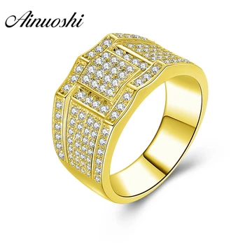 

AINUOSHI 14K Solid Yellow Gold Men Ring Shinning CZ Arc Design Cluster Ring Wedding Engagement Gold Jewelry Wide Wedding Band