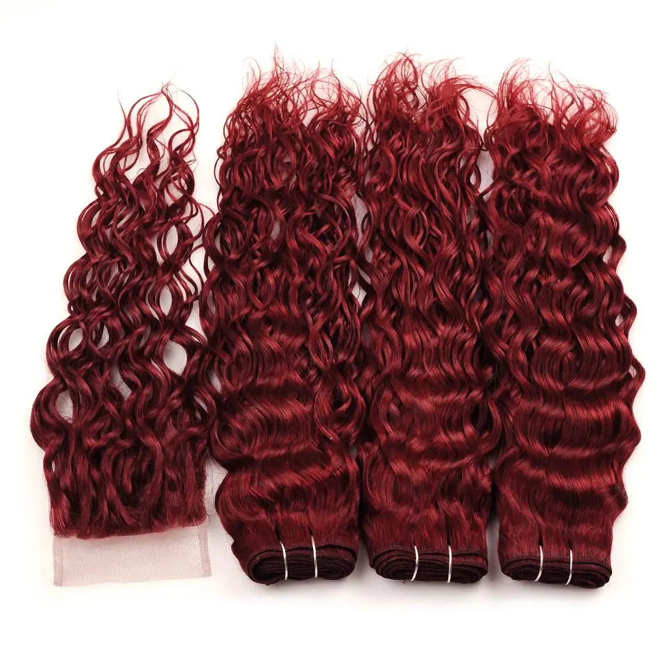 Pinshair Red 99J Brazilian Water Wave 3 Bundles With Closure Burgundy Wet Wavy Non Remy Human Hair With Lace Closure Thick Hair (8)