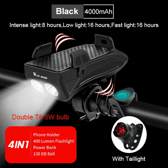 WEST BIKING держатель для телефона на велосипед, светильник-рожок, перезаряжаемый светильник-вспышка, внешний аккумулятор, держатель для телефона для iPhone, держатель для сотового телефона - Color: 4000 mAh Black Set