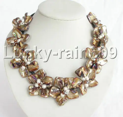 

Fast SHIPPING handmade coffee shell flower pearls leather Choker necklace e152 (A0325)