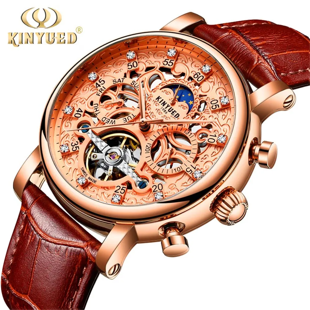 KINYUED Скелет автоматические часы для мужчин Sun Moon Phase водонепроницаемые Tourbillon