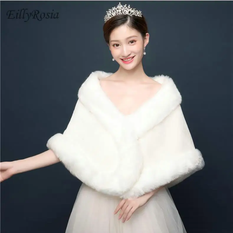

EillyRosia Women Bolero Bridal Faux Fur Wraps For Wedding Evening Capes Prom Jacket Coat Winter Fur Shawl Wedding Boleros