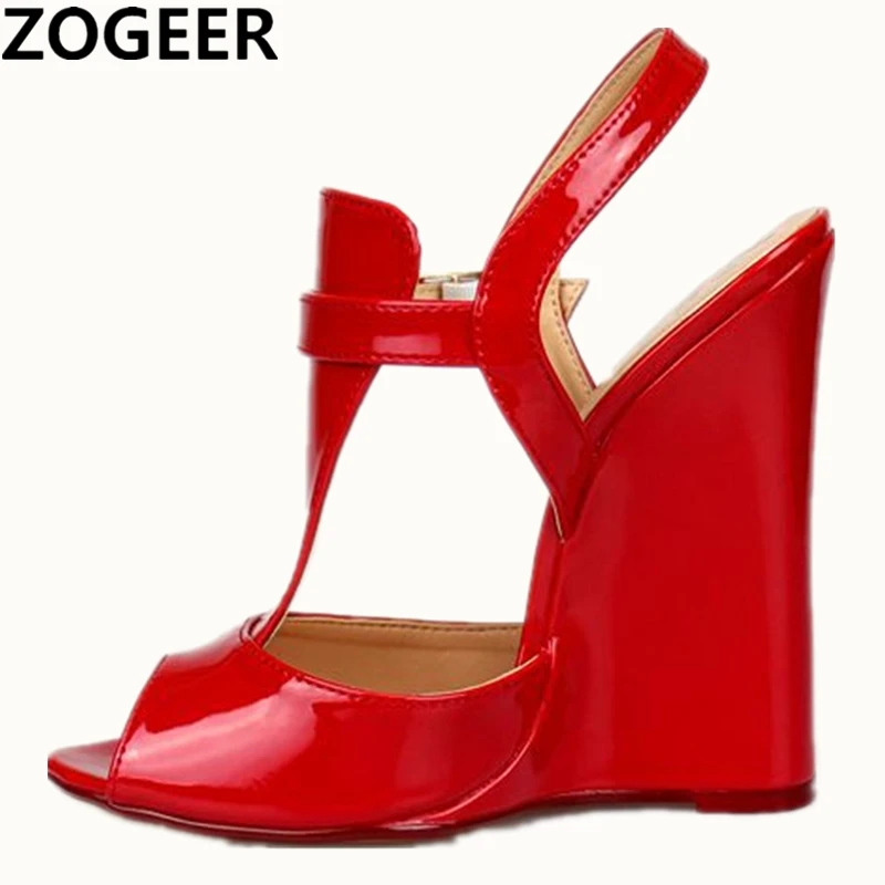 

Plus Size 46 Summer Sexy Women Sandals Fashion T-strap Wedge High Heels Sandal Luxury Party Wedding Evening Shoe Woman Black Red