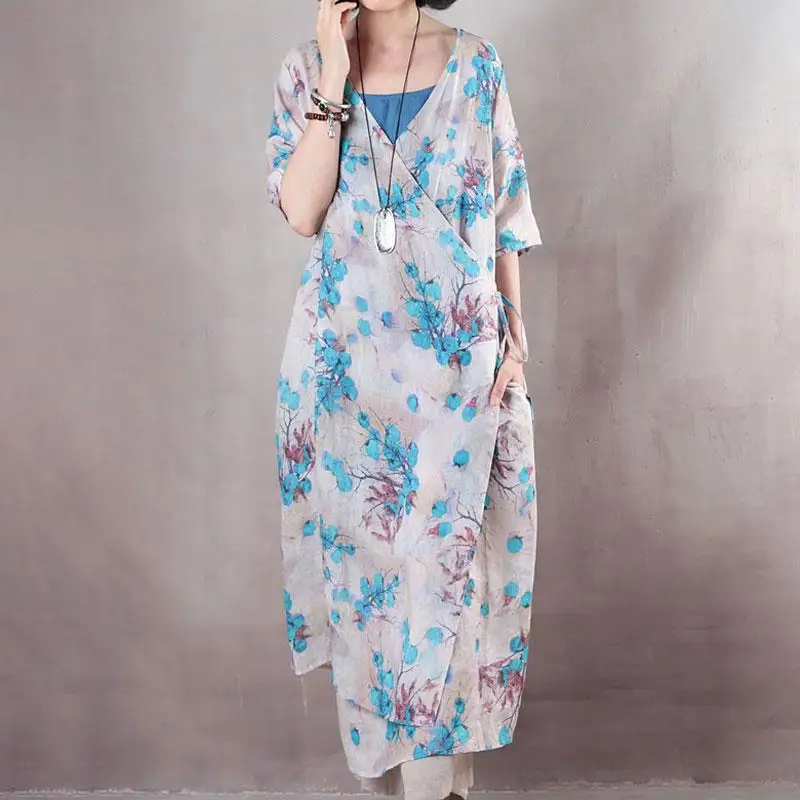 Summer Women Dress 2019 Vintage Short Sleeve Casual Floral Print Vestidos Female with Pockets Buykud Brand (1)