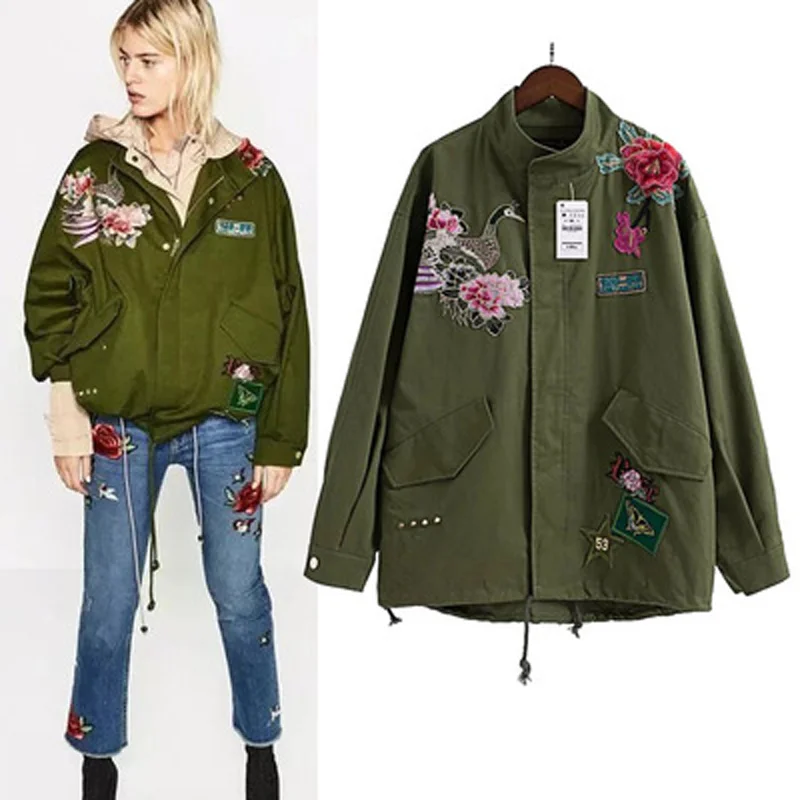 

2017 New Sale Autumn Coat Women Soild color Army Green Embroidery Warm Jacket Fashion patches Rivet Zipper Retro Parkas Coat