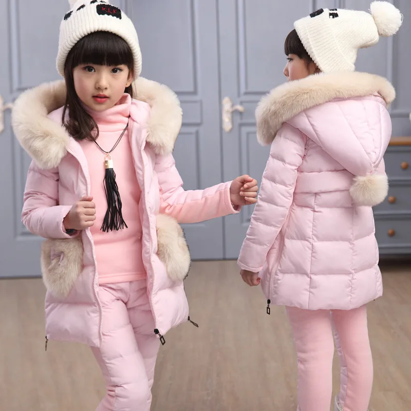Новинка года, комплекты зимней одежды для детей теплая парка для девочек из 3 предметов пуховая куртка для девочек, одежда детское пальто зимняя одежда Детский комплект - Цвет: Розовый