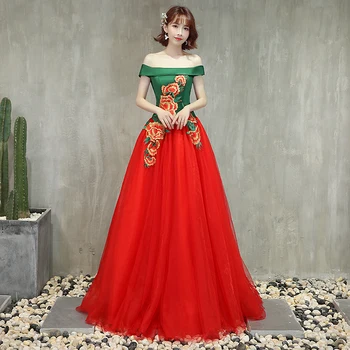 

Boat Neck Sexy Girl Long Quinceanera Dress Off Shuolder Red Gowns Ball Robe De Soiree Applique Flower Mesh Debutante Dress