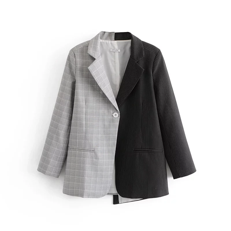 

Women Autumn Patchwork Black Gray Blazers Female Contrast Color Irregular Jackets Coat Long Sleeve Office Lady Clothes manteau
