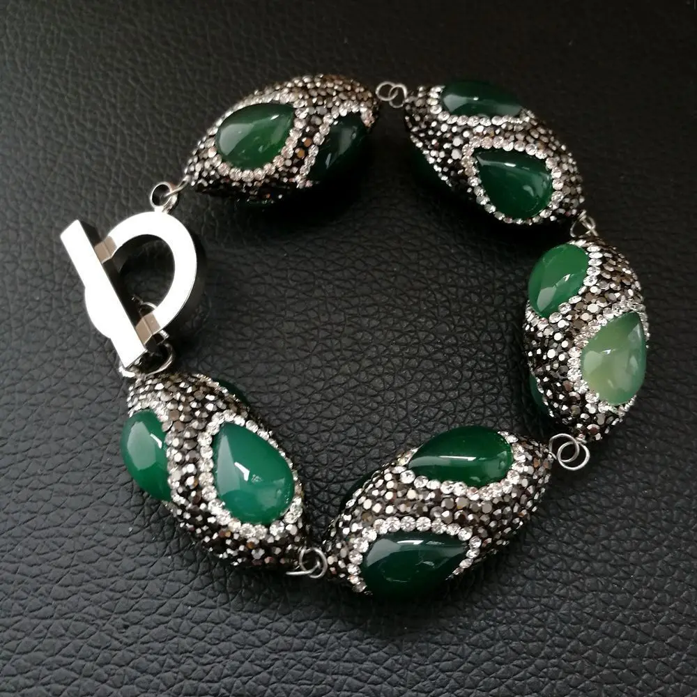 

M011915 8" Green Gems Stone Black macarsite Bracelet