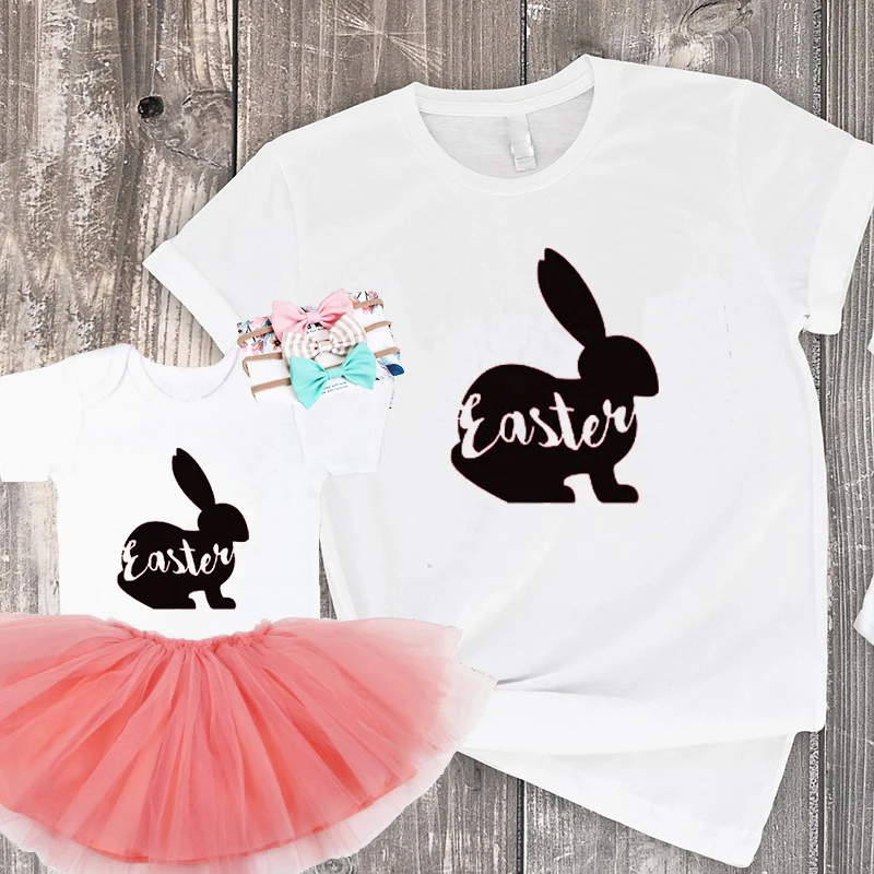 

2019 Happy Easter Shirt Womens Bunny Easter Outfit Matching Family Mom and Daughter Matching Clothes New Fashion Kids Print Top