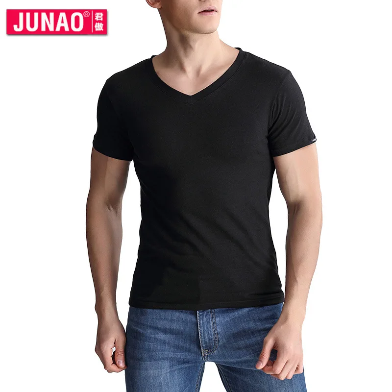 

Underwear summer young solid color undershirts cotton t shirt men V-neck JunAO