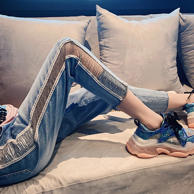 

New Spring Summer All-match Ankle-length Jeans for Women High Waist Letter Chain Hollow Out Female Denim Pants Pencil Jeans