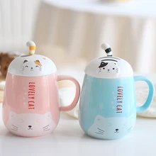 Korean super cat coffee mug ceramic tea cup with cover female student drinkware 15